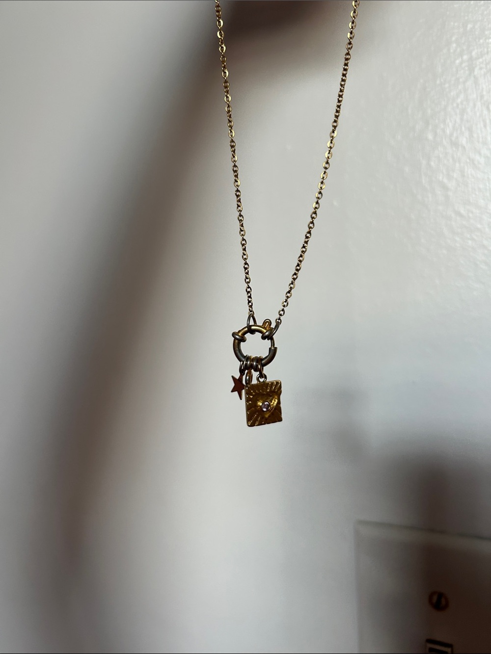 Gold Charm Pendant Necklace with Star and Square Charms
